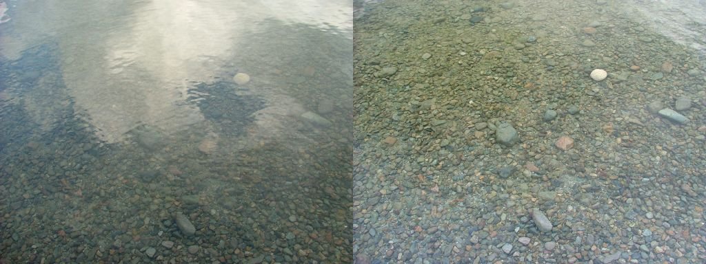 The same patch of water photographed without and with a polarizing filter
